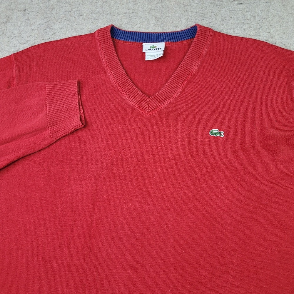 Lacoste Men's‎ V-Neck Pullover Sweater Solid Burgundy Knit Logo Size 7